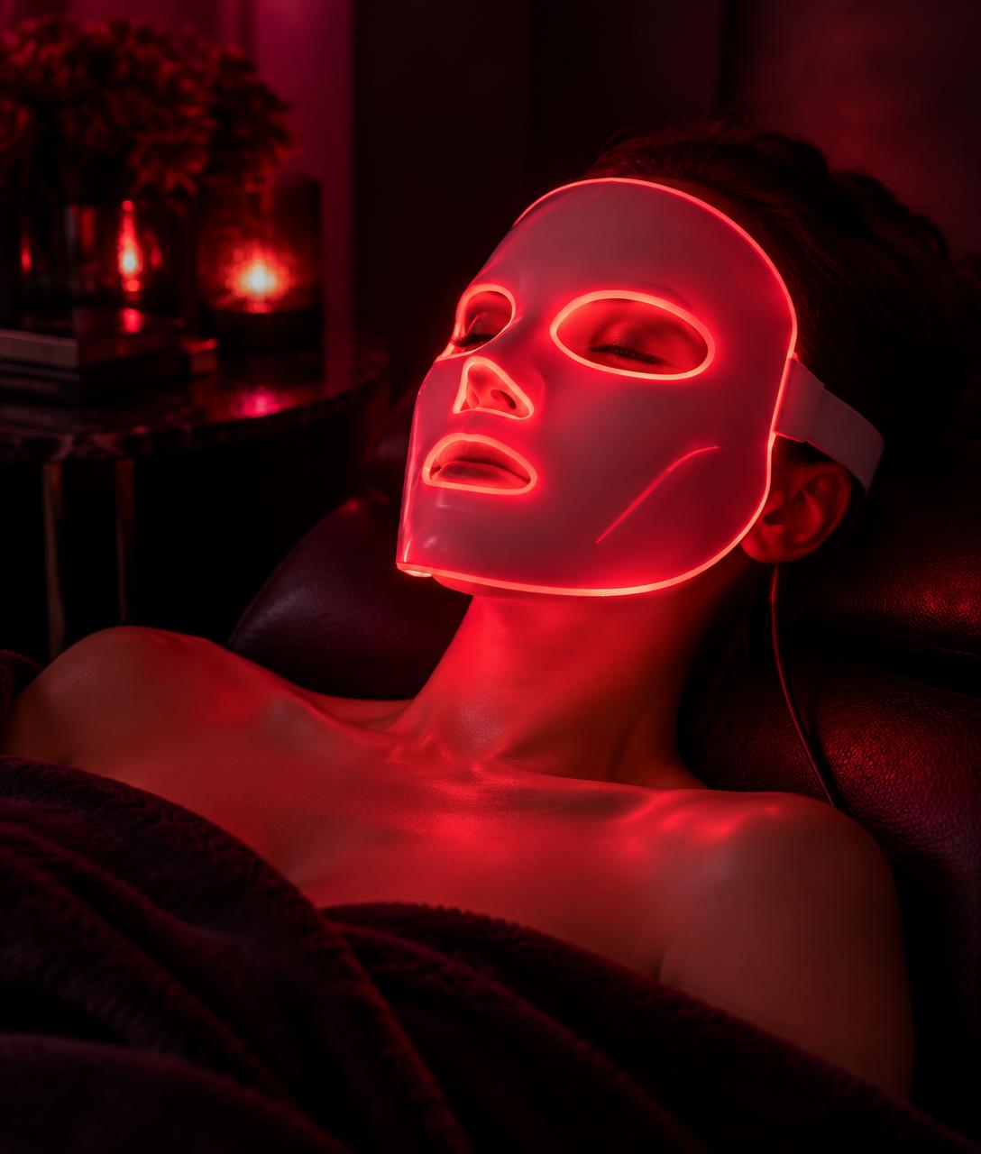 Woman relaxing in a dark room wearing a glowing red light therapy face mask